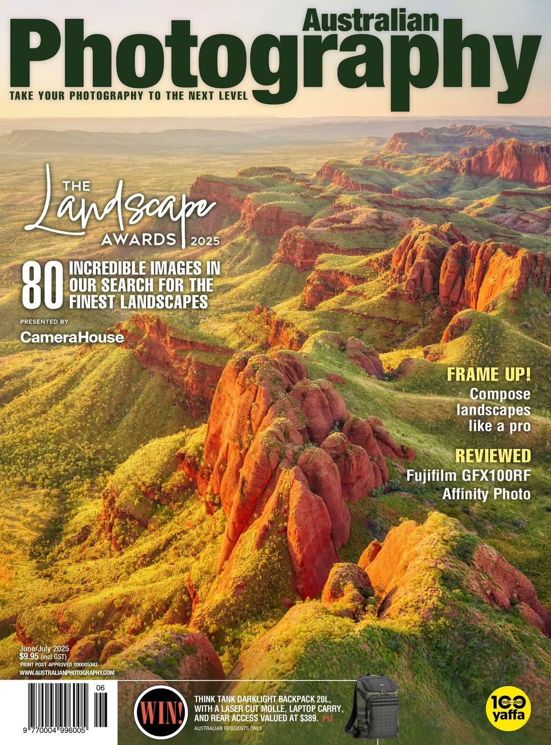 Cover of Australian Photography Magazine June/July 2025, featuring vibrant red rock formations and green hills, promoting The Landscape Awards 2025.